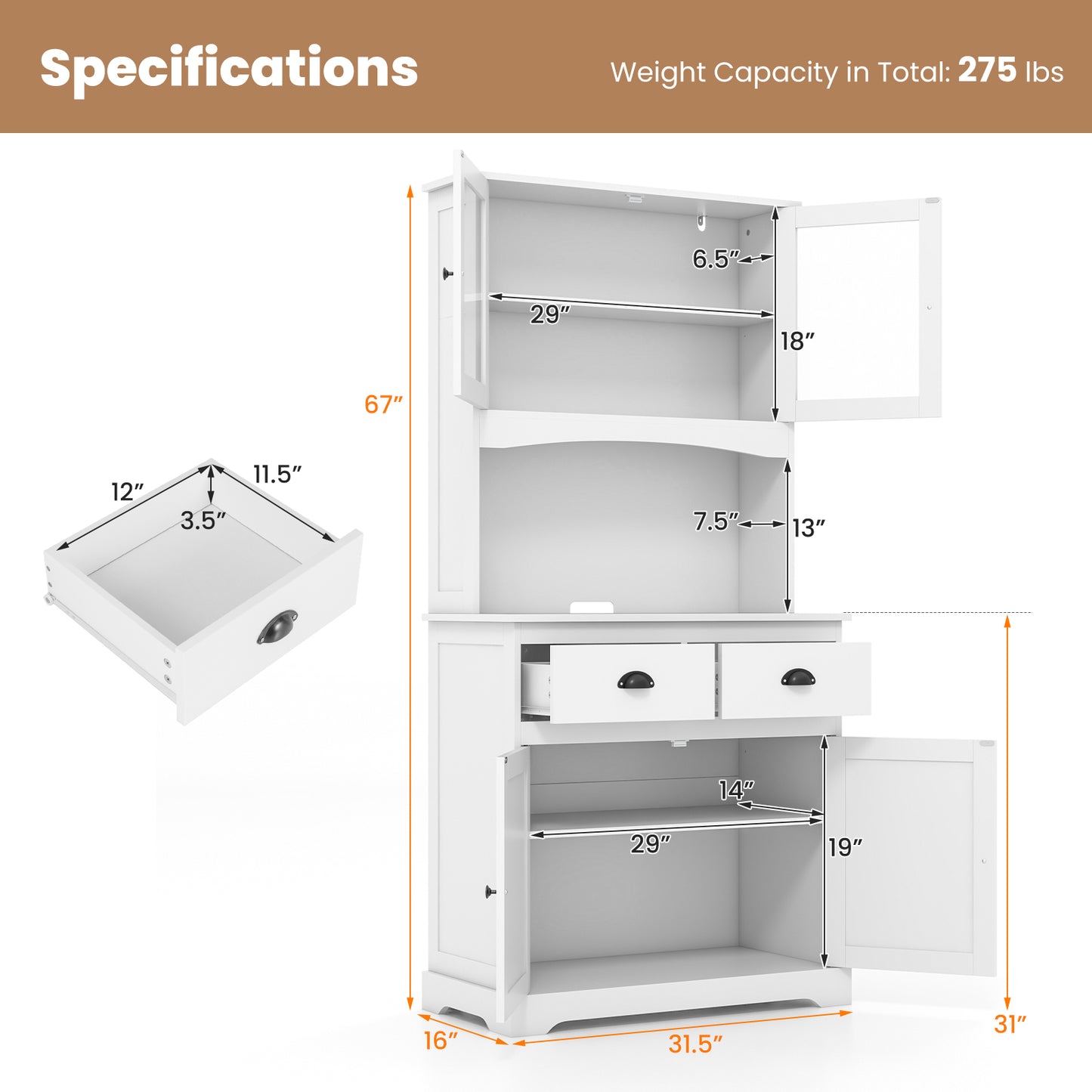 Tall Storage Cabinet with Glass Door Shelves and 2 Drawers for Kitchen or Living Room White