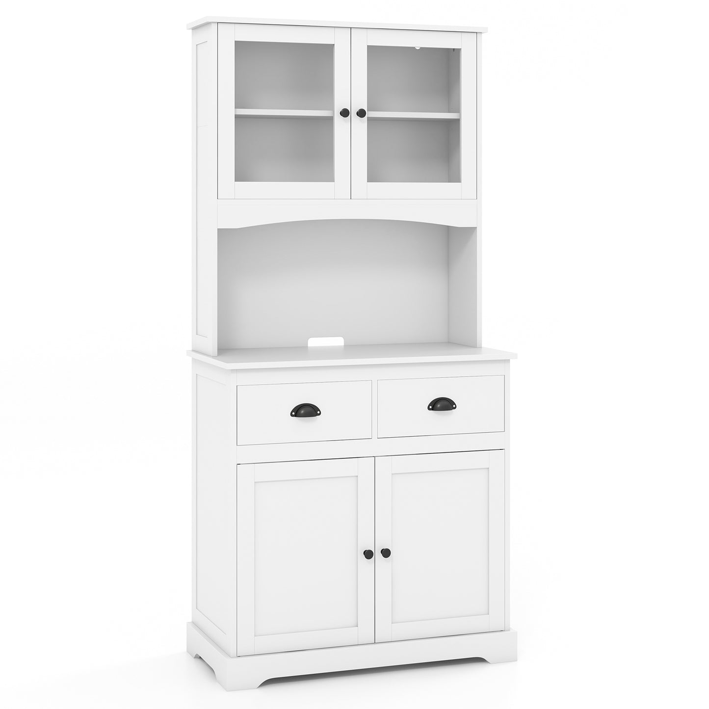 Tall Storage Cabinet with Glass Door Shelves and 2 Drawers for Kitchen or Living Room White