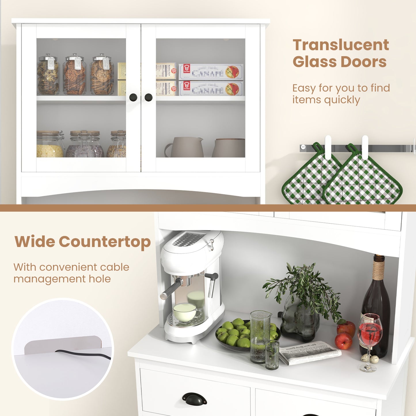 Tall Storage Cabinet with Glass Door Shelves and 2 Drawers for Kitchen or Living Room White