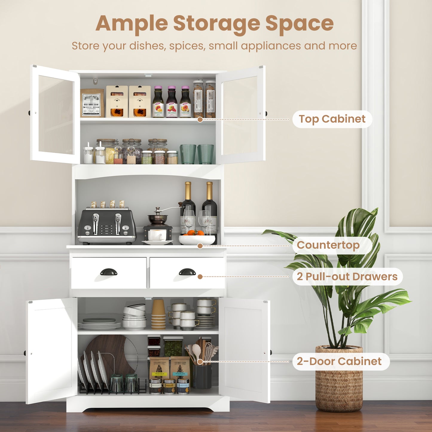 Tall Storage Cabinet with Glass Door Shelves and 2 Drawers for Kitchen or Living Room White