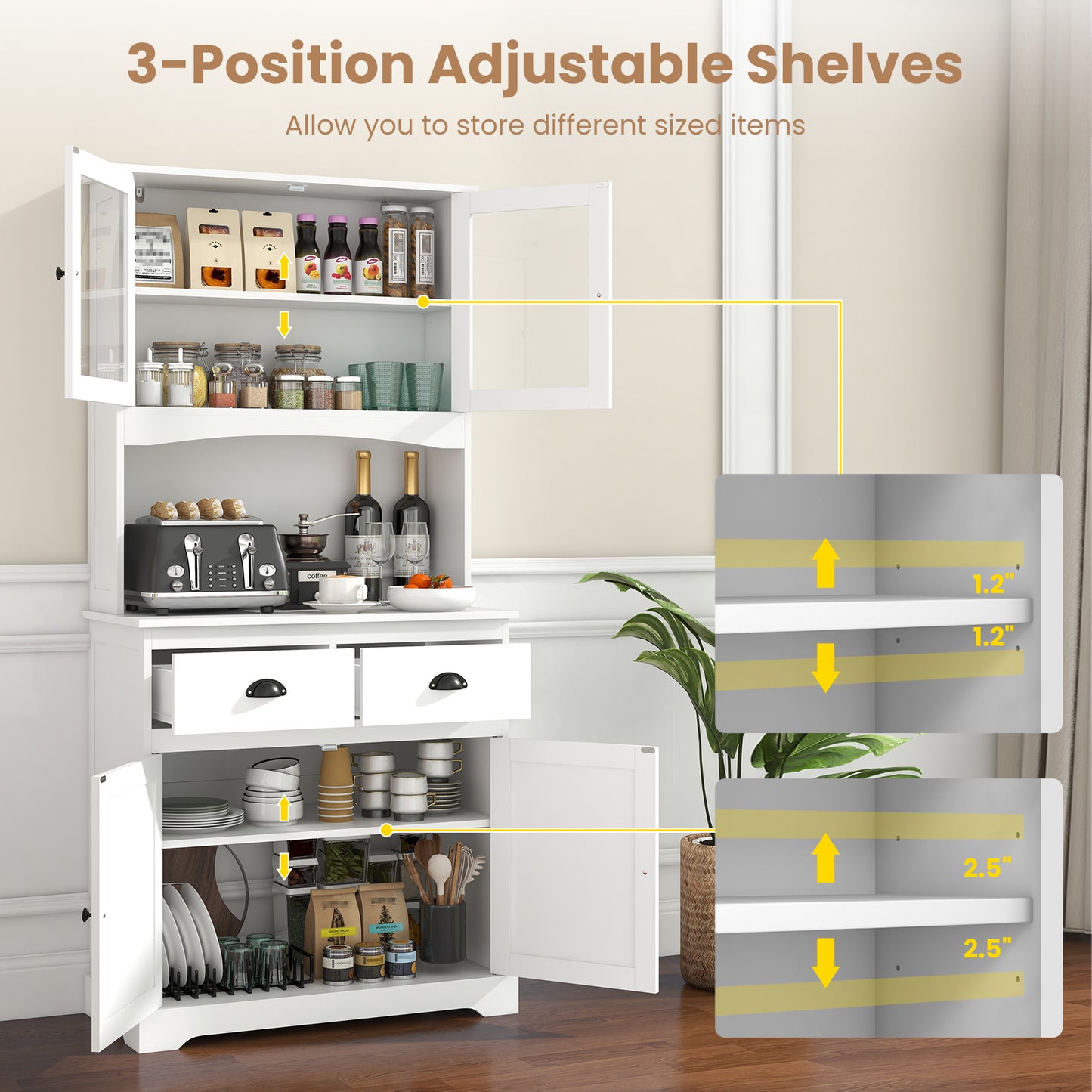 Tall Storage Cabinet with Glass Door Shelves and 2 Drawers for Kitchen or Living Room White