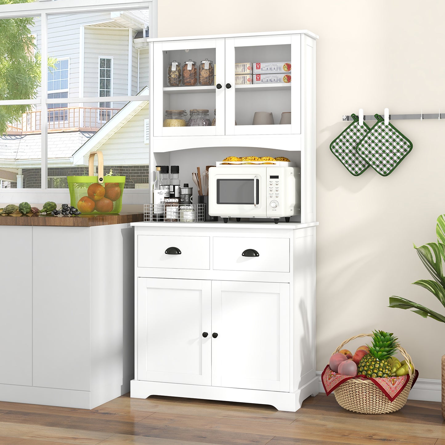 Tall Storage Cabinet with Glass Door Shelves and 2 Drawers for Kitchen or Living Room White