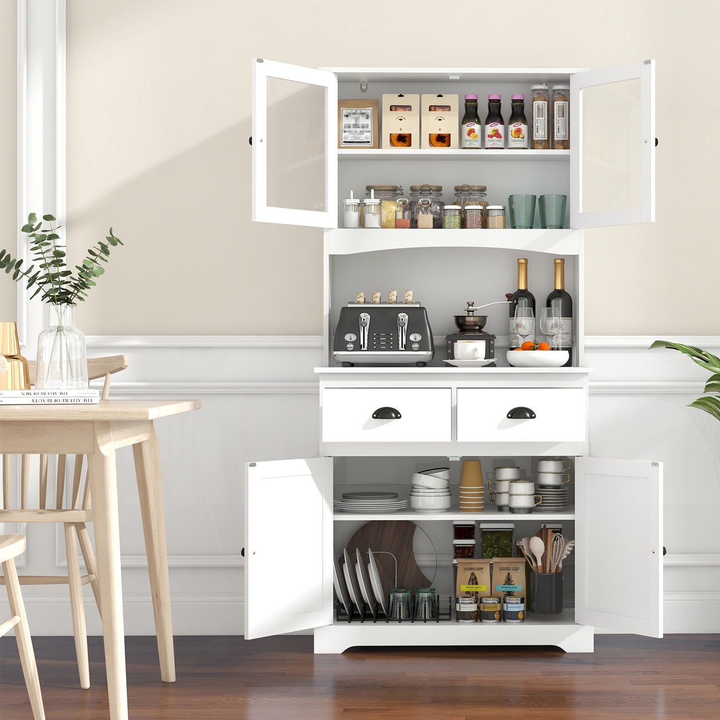 Tall Storage Cabinet with Glass Door Shelves and 2 Drawers for Kitchen or Living Room White