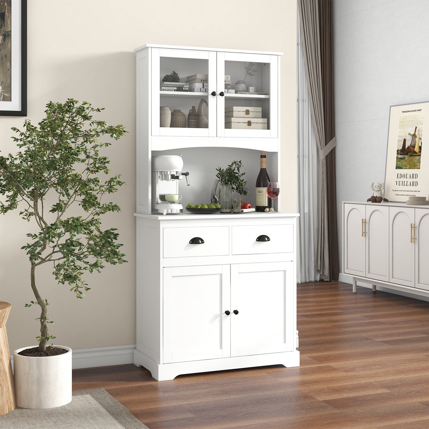 Tall Storage Cabinet with Glass Door Shelves and 2 Drawers for Kitchen or Living Room White