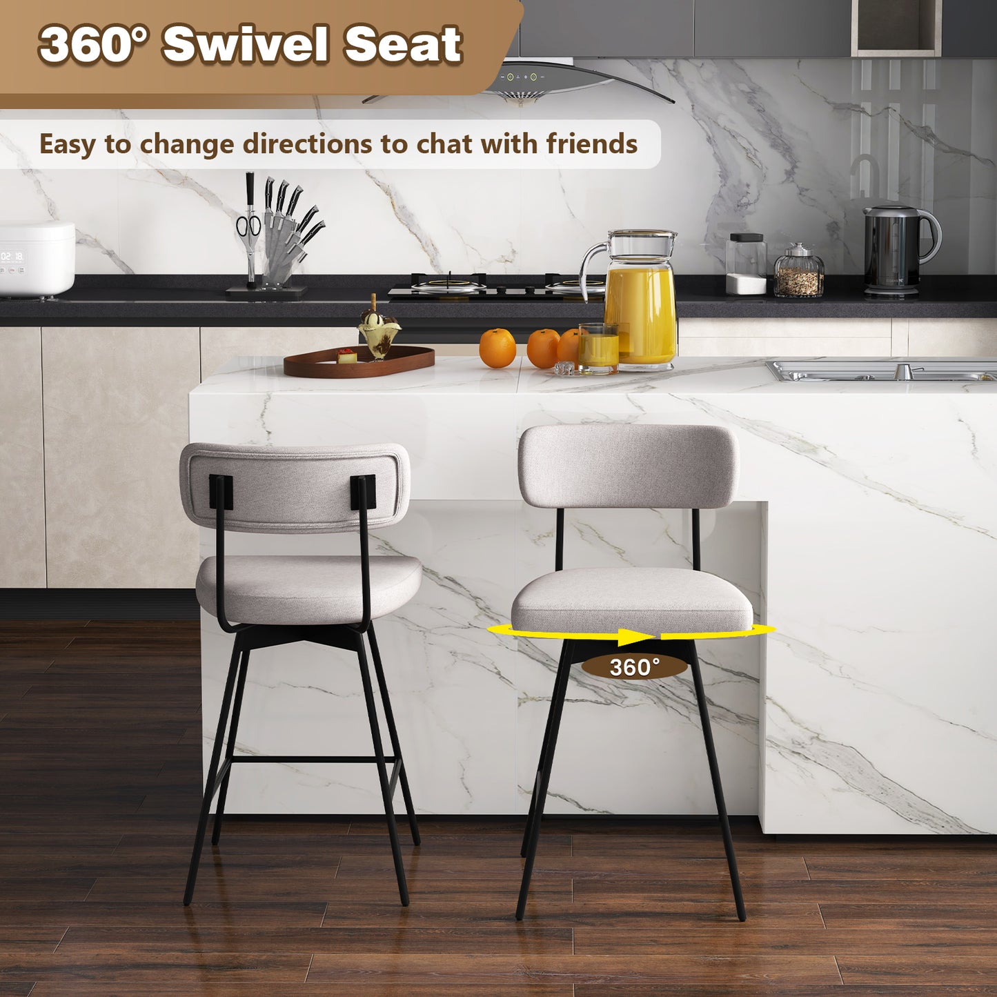 Set of 2 Modern 25″ Upholstered Bar Stools with Backrest and Footrests in Beige