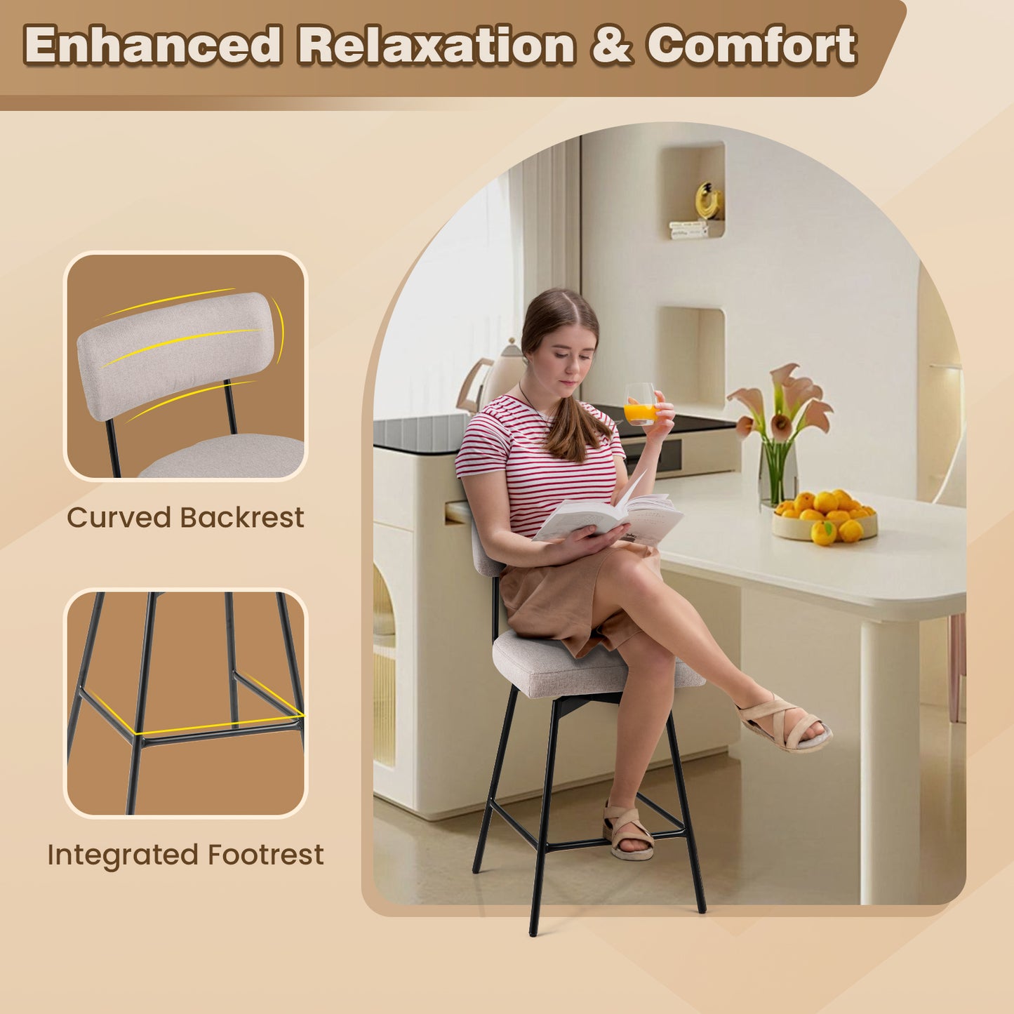 Set of 2 Modern 25″ Upholstered Bar Stools with Backrest and Footrests in Beige