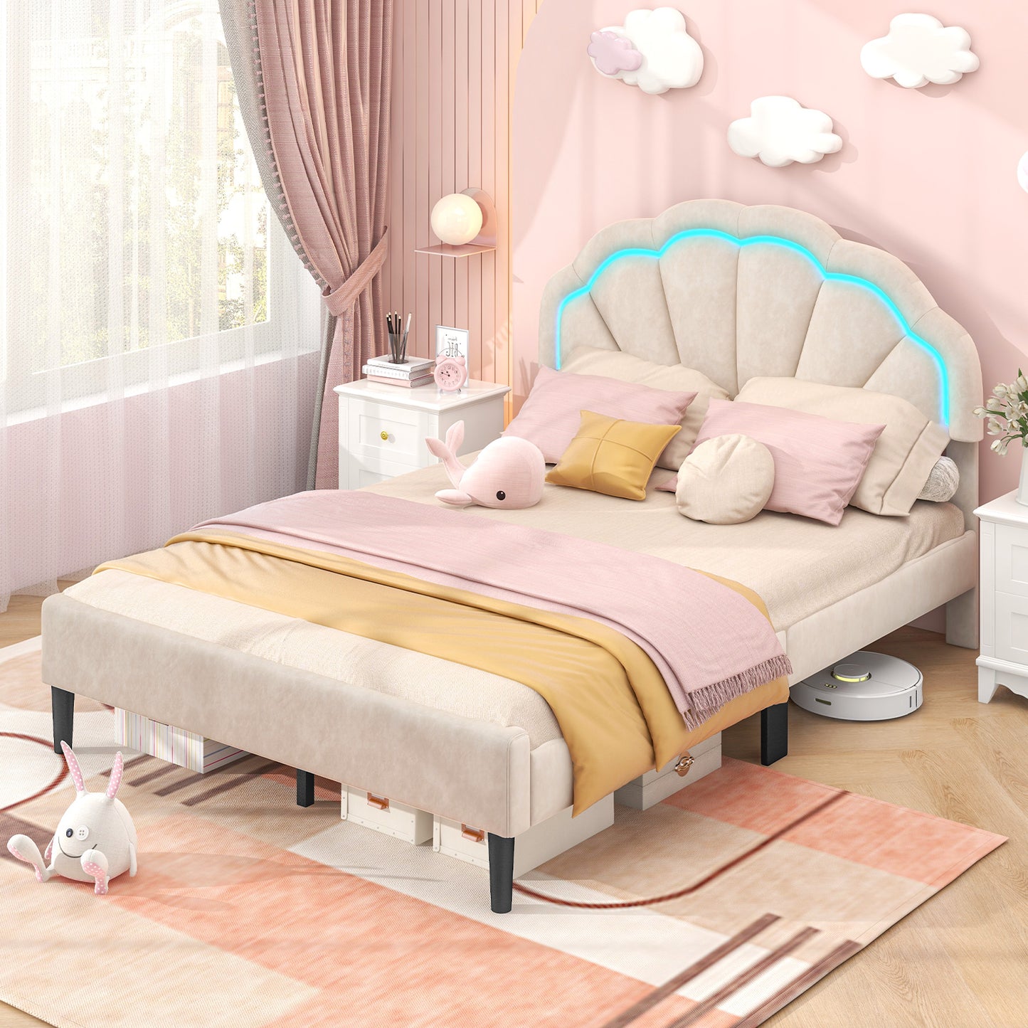 Velvet Upholstered Bed in Beige with RGB LED Lighting, Petal-Inspired Headboard and Sturdy Frame – Full