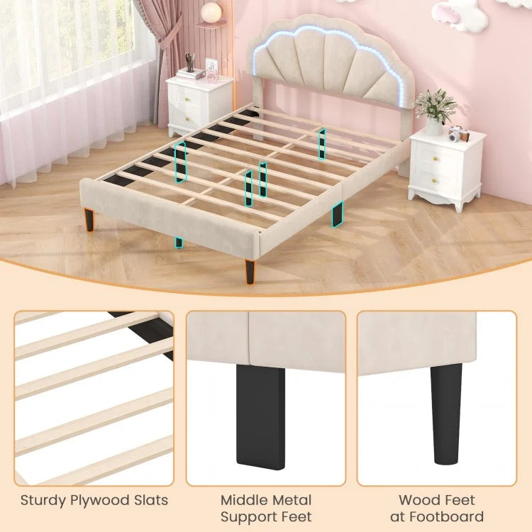 Velvet Upholstered Bed in Beige with RGB LED Lighting, Petal-Inspired Headboard and Sturdy Frame – Full