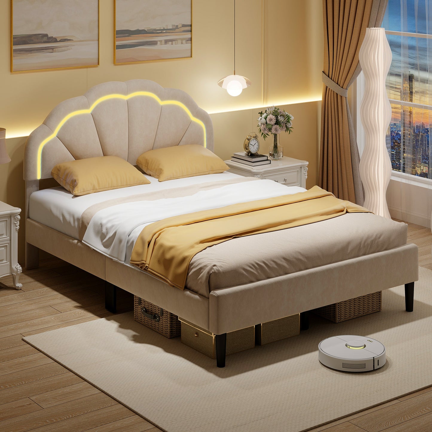 Velvet Upholstered Bed in Beige with RGB LED Lighting, Petal-Inspired Headboard and Sturdy Frame – Full
