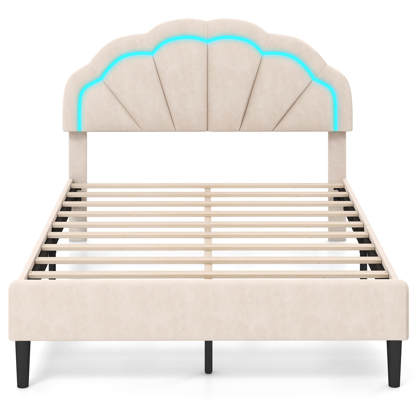 Velvet Upholstered Bed in Beige with RGB LED Lighting, Petal-Inspired Headboard and Sturdy Frame – Full