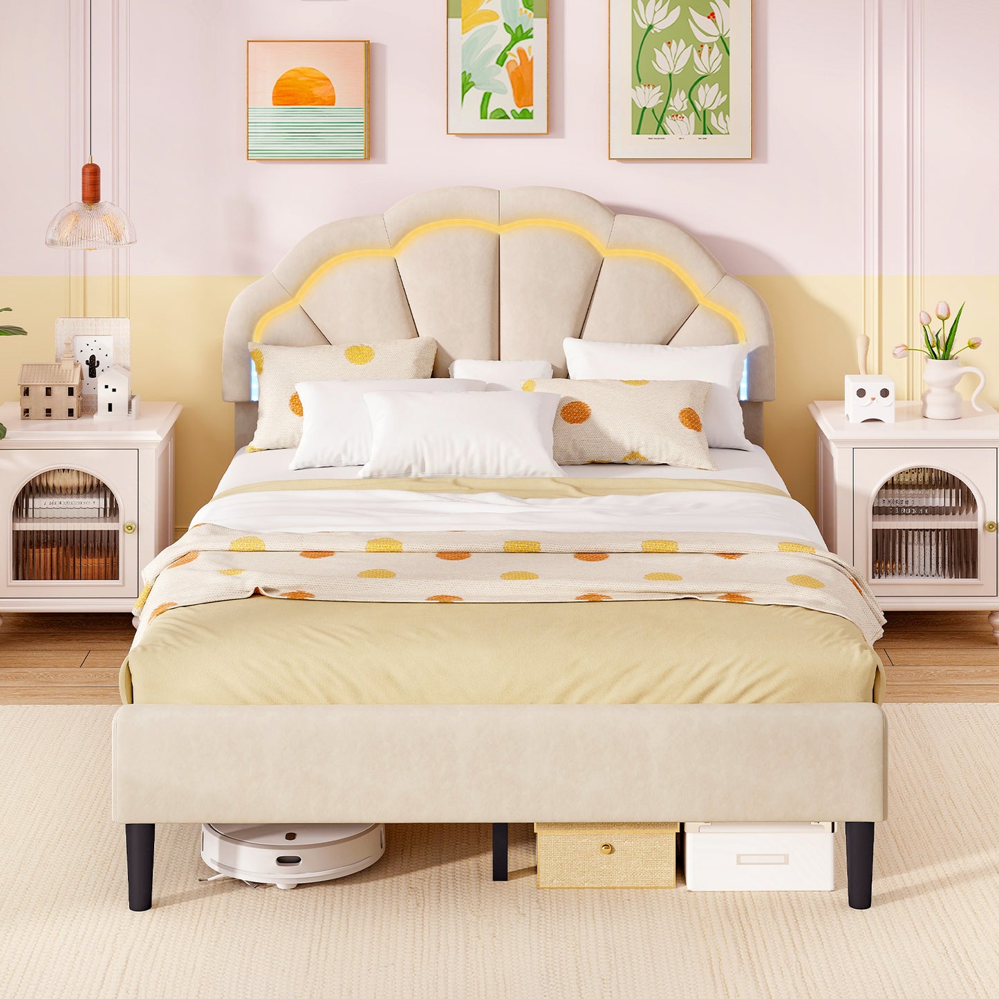 Velvet Upholstered Bed in Beige with RGB LED Lighting, Petal-Inspired Headboard and Sturdy Frame – Full