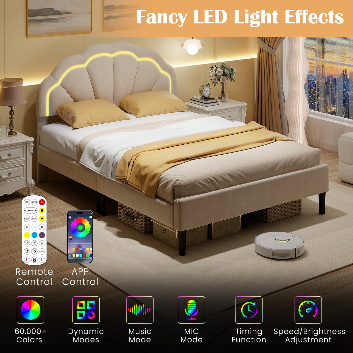 Velvet Upholstered Bed in Beige with RGB LED Lighting, Petal-Inspired Headboard and Sturdy Frame – Full