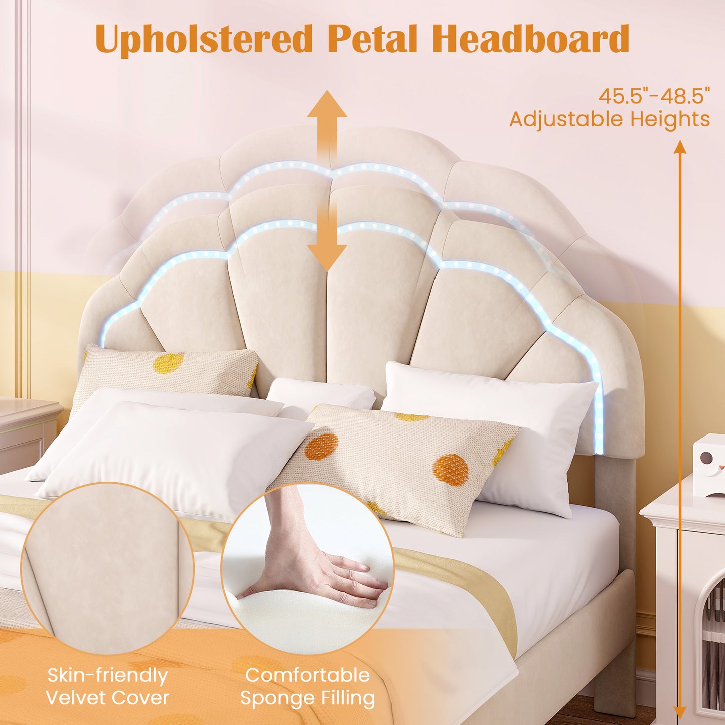Velvet Upholstered Bed in Beige with RGB LED Lighting, Petal-Inspired Headboard and Sturdy Frame – Full