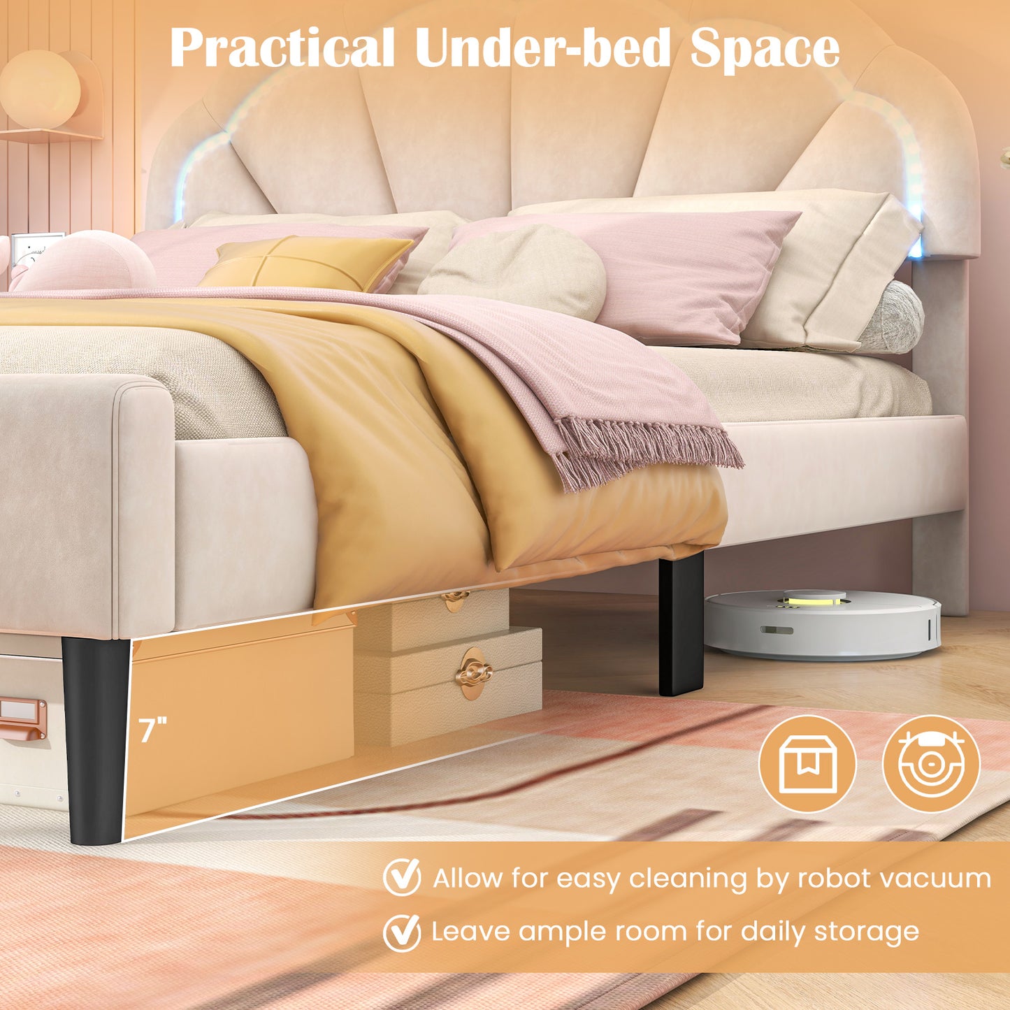 Velvet Upholstered Bed in Beige with RGB LED Lighting, Petal-Inspired Headboard and Sturdy Frame – Full