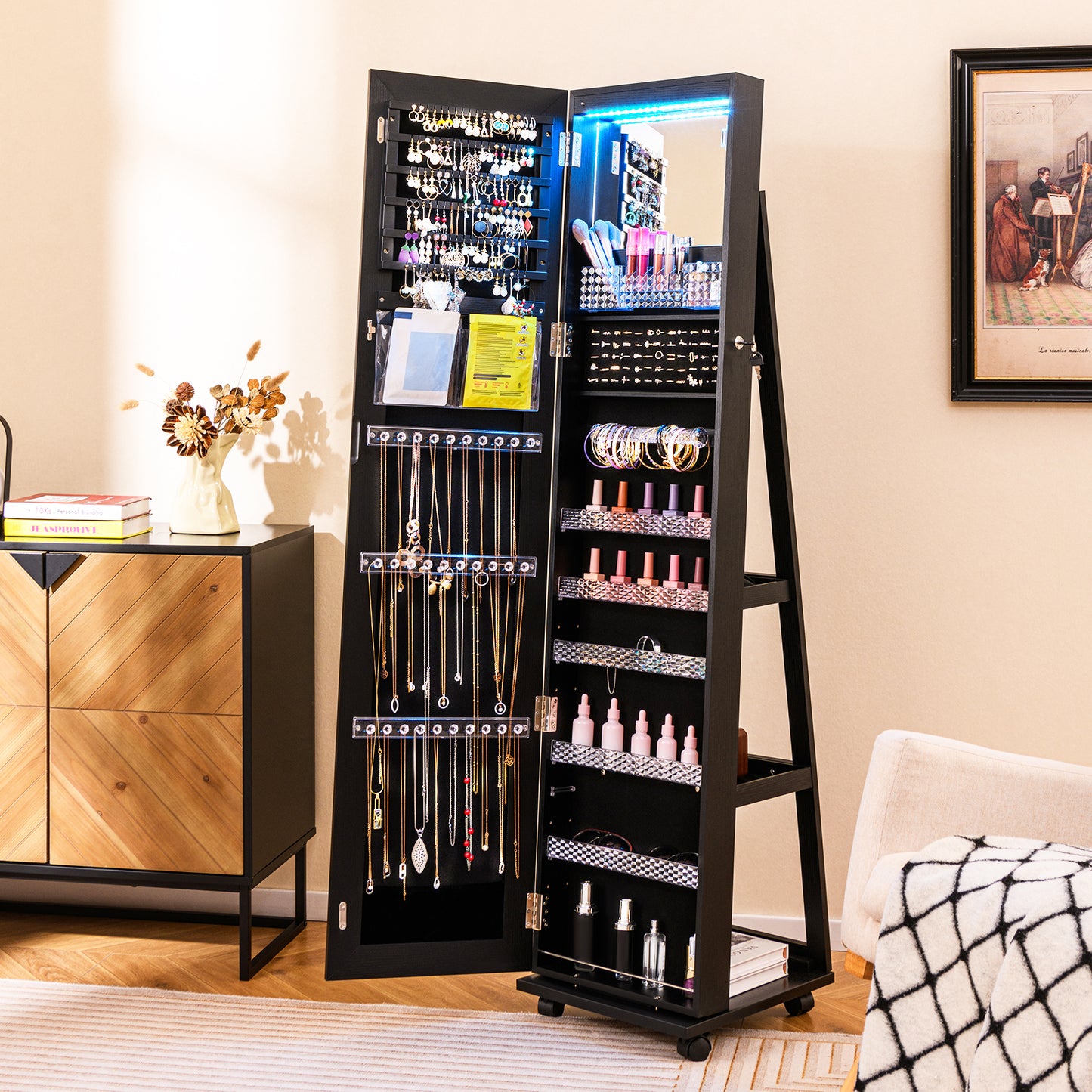 64 Inch Lockable Jewelry Armoire with Built-In LED Makeup Mirror, Large Storage, and Full-Length Mirror – Black