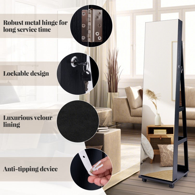 64 Inch Lockable Jewelry Armoire with Built-In LED Makeup Mirror, Large Storage, and Full-Length Mirror – Black
