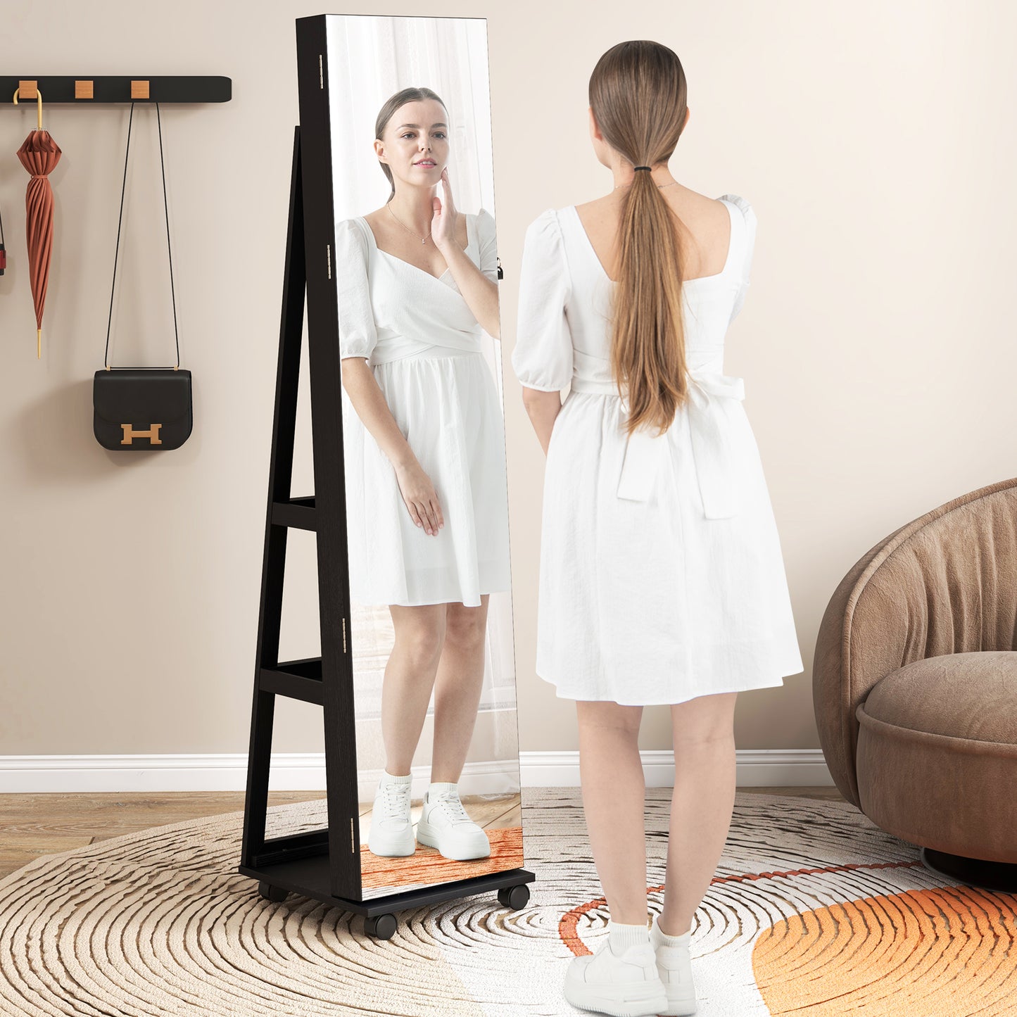 64 Inch Lockable Jewelry Armoire with Built-In LED Makeup Mirror, Large Storage, and Full-Length Mirror – Black