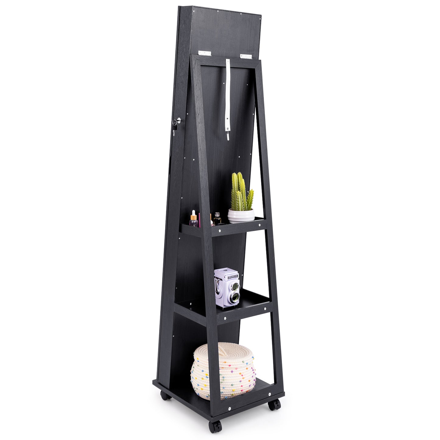 64 Inch Lockable Jewelry Armoire with Built-In LED Makeup Mirror, Large Storage, and Full-Length Mirror – Black