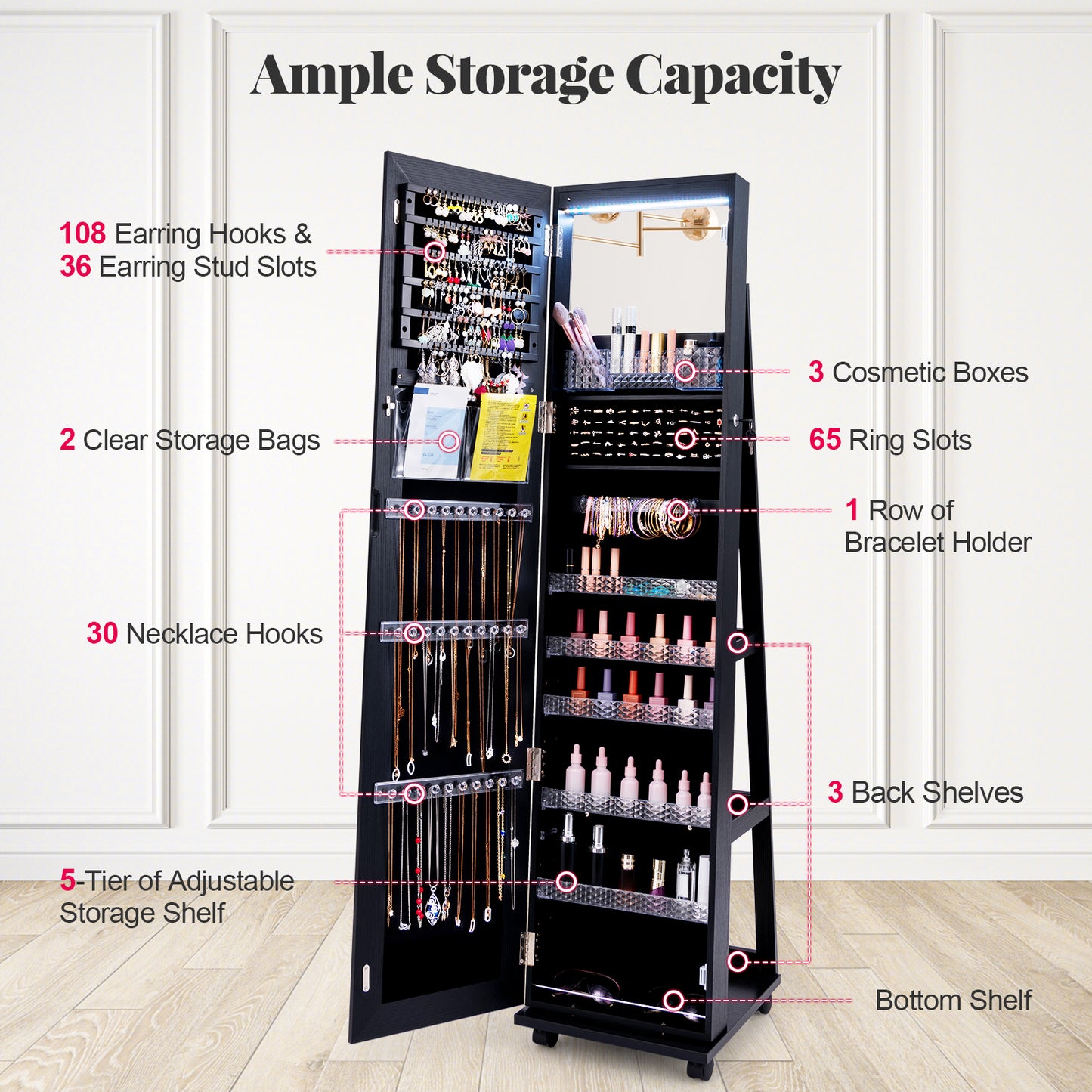 64 Inch Lockable Jewelry Armoire with Built-In LED Makeup Mirror, Large Storage, and Full-Length Mirror – Black