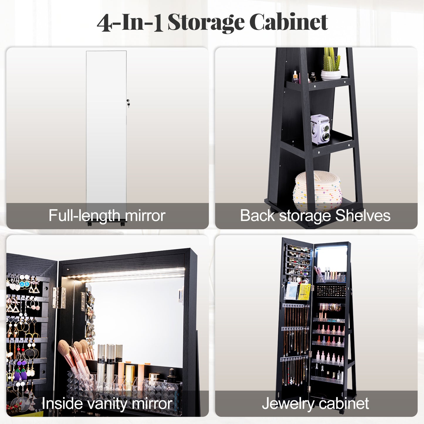 64 Inch Lockable Jewelry Armoire with Built-In LED Makeup Mirror, Large Storage, and Full-Length Mirror – Black