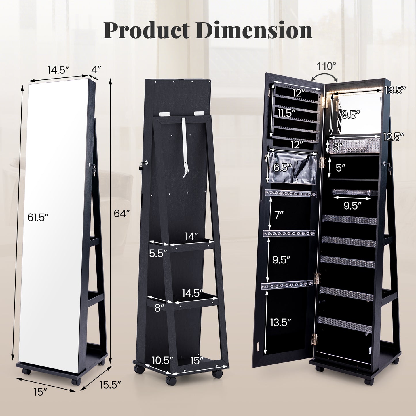 64 Inch Lockable Jewelry Armoire with Built-In LED Makeup Mirror, Large Storage, and Full-Length Mirror – Black