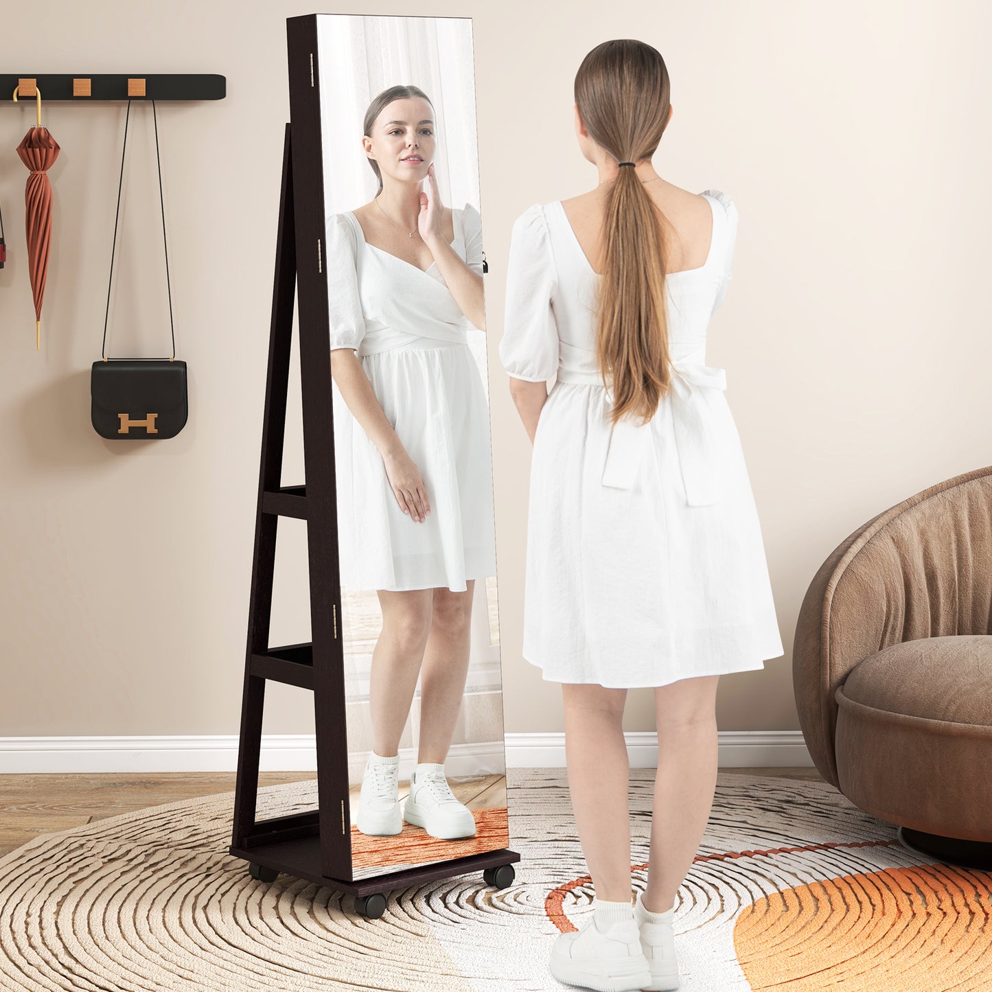 64 Inch Lockable Jewelry Armoire with Built-In LED Makeup Mirror, Large Storage, and Full-Length Mirror – Purple