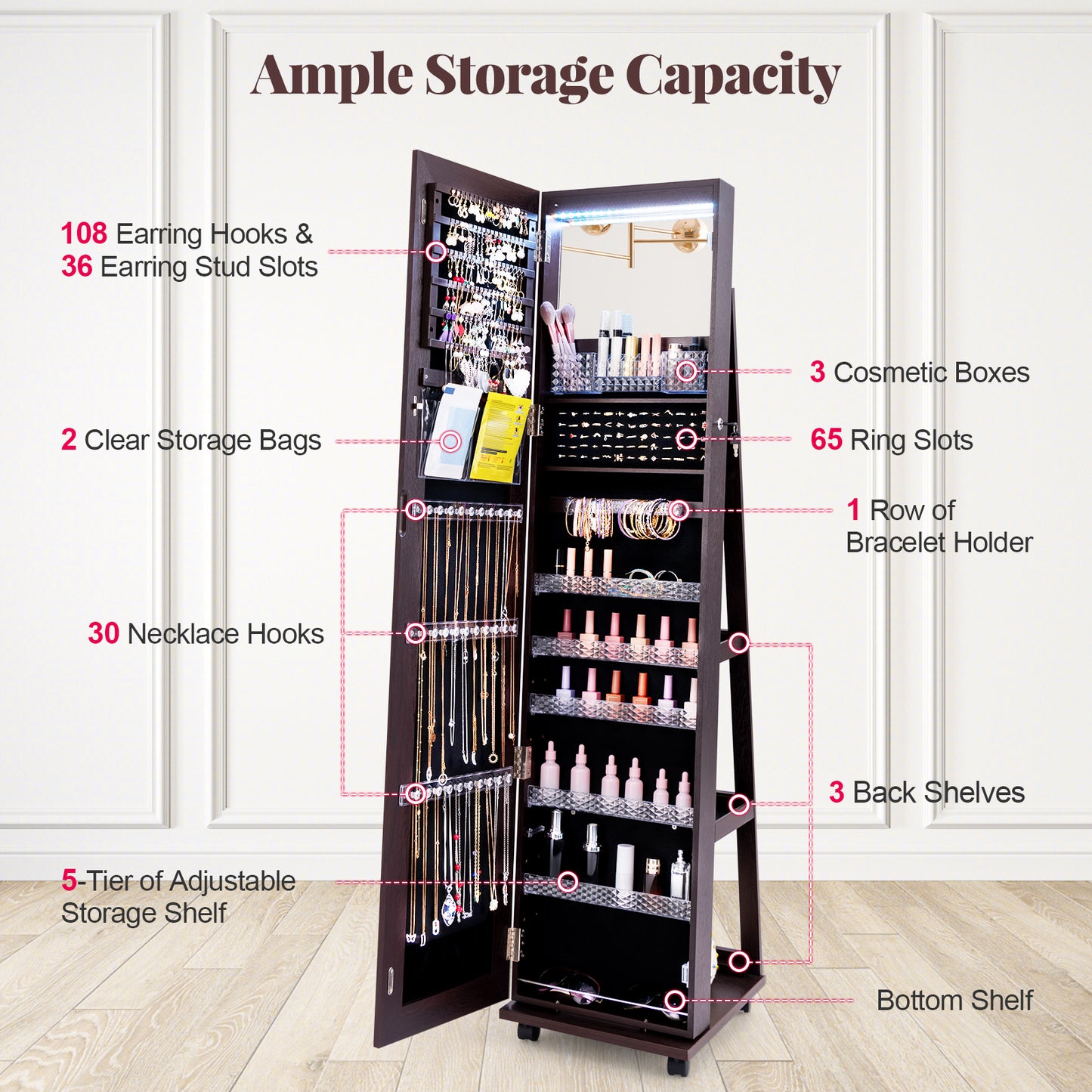 64 Inch Lockable Jewelry Armoire with Built-In LED Makeup Mirror, Large Storage, and Full-Length Mirror – Purple