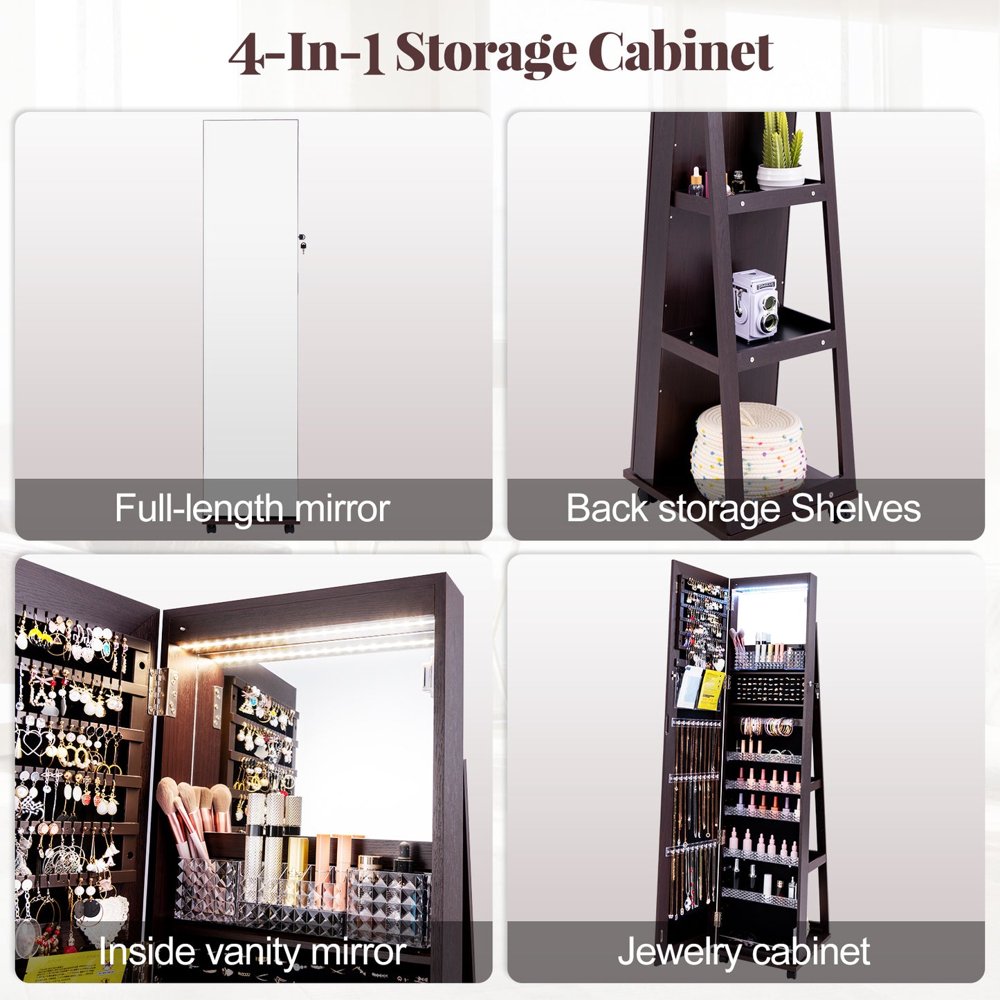64 Inch Lockable Jewelry Armoire with Built-In LED Makeup Mirror, Large Storage, and Full-Length Mirror – Purple