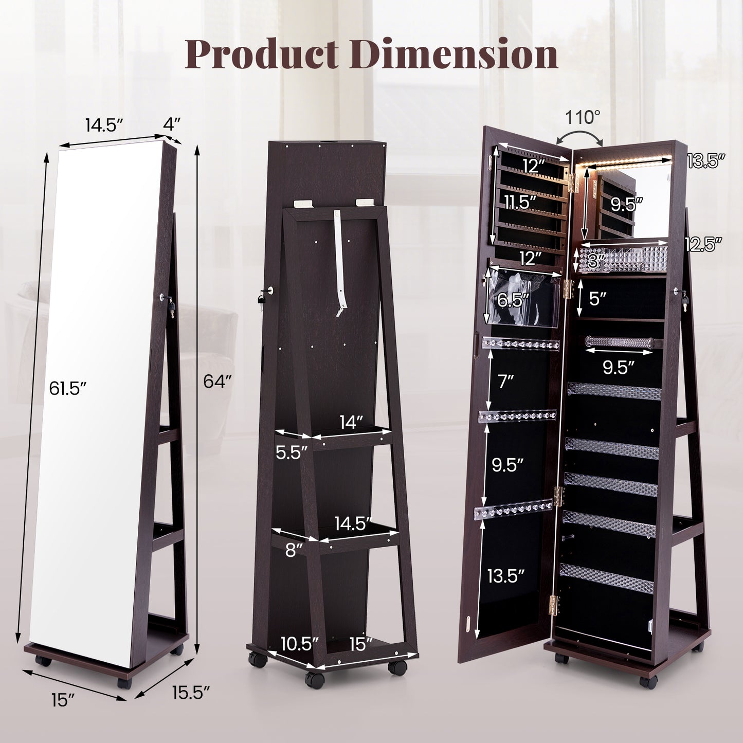 64 Inch Lockable Jewelry Armoire with Built-In LED Makeup Mirror, Large Storage, and Full-Length Mirror – Purple