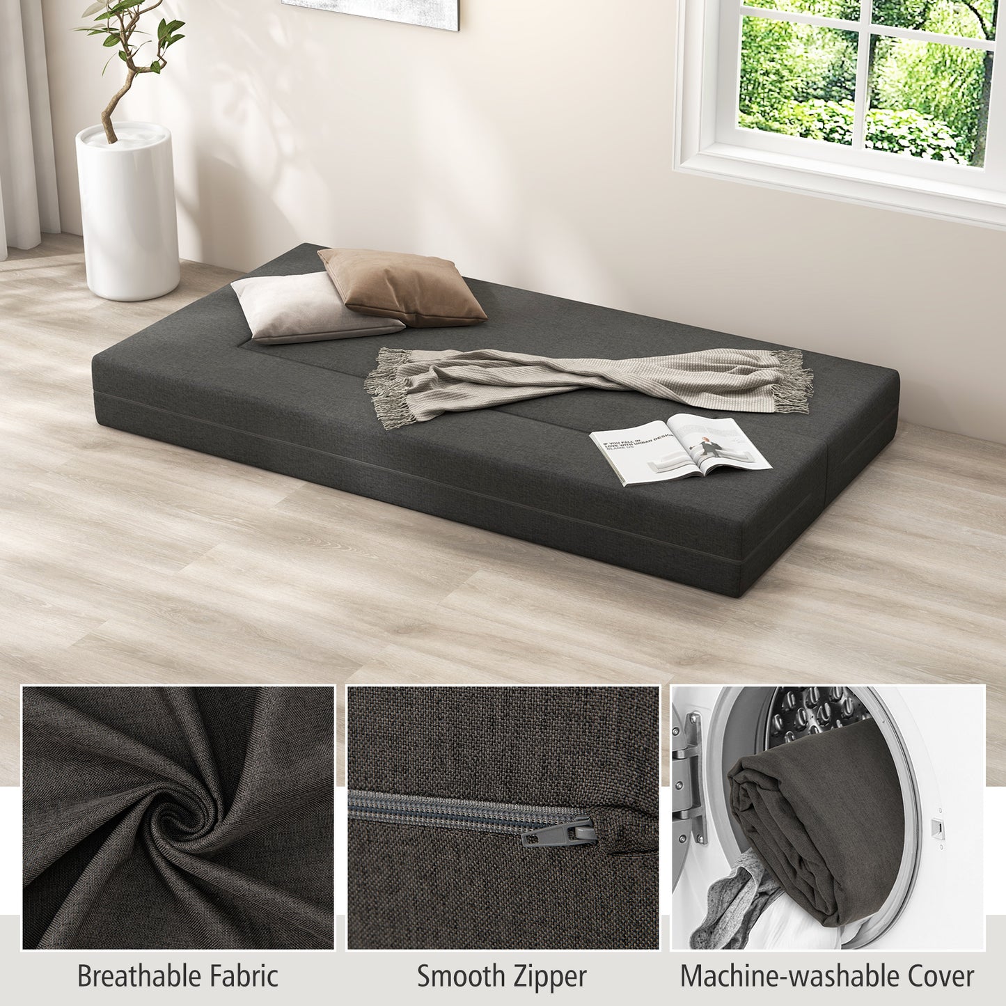 Convertible Folding Sofa Bed with Memory Foam and Washable Cover, 8 Inch Twin