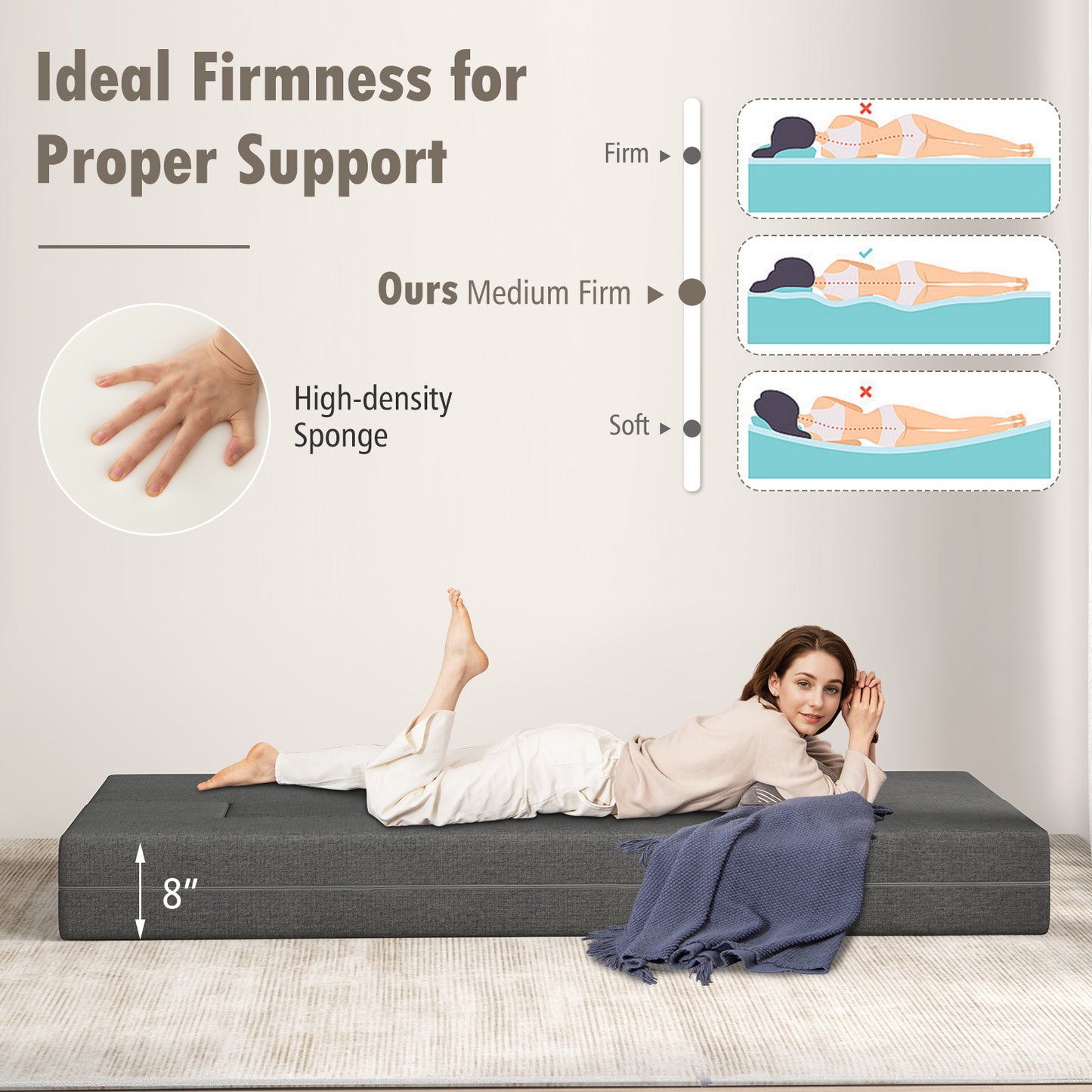 Convertible Folding Sofa Bed with Memory Foam and Washable Cover, 8 Inch Twin