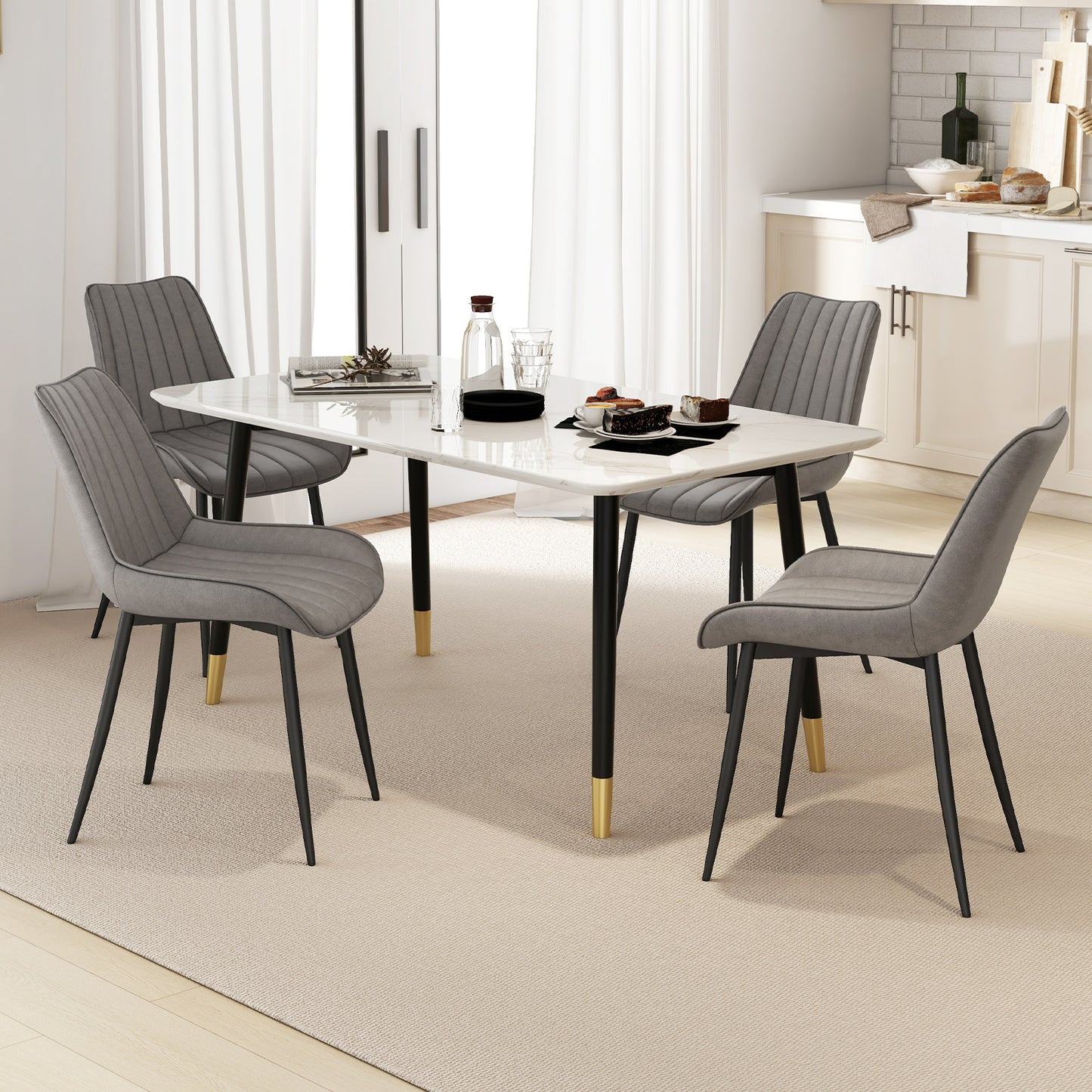 Modern Faux Leather Dining Chairs with Padded Seat and Metal Legs - Grey, Set of 2