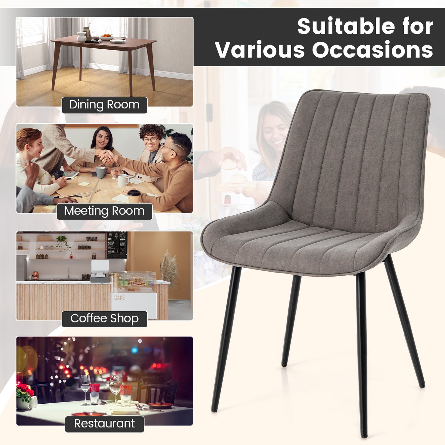 Modern Faux Leather Dining Chairs with Padded Seat and Metal Legs - Grey, Set of 2