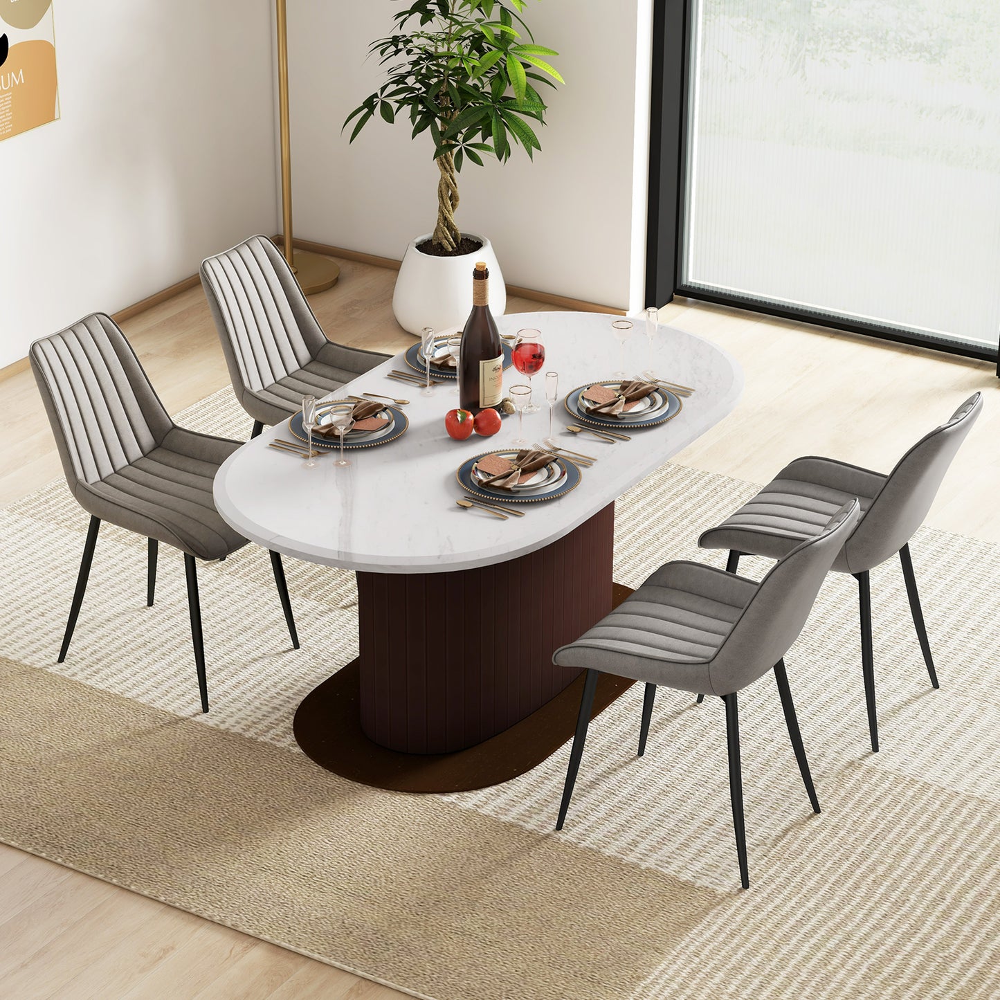 Modern Faux Leather Dining Chairs with Padded Seat and Metal Legs - Grey, Set of 2