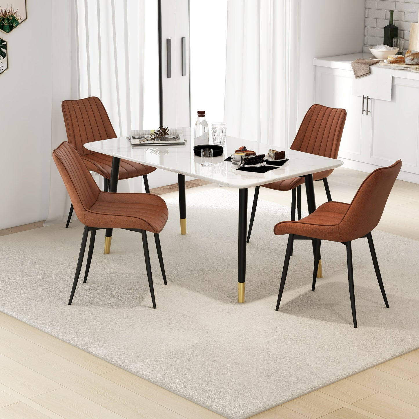 Modern Faux Leather Dining Chairs with Padded Seat and Metal Legs - Brown, Set of 2