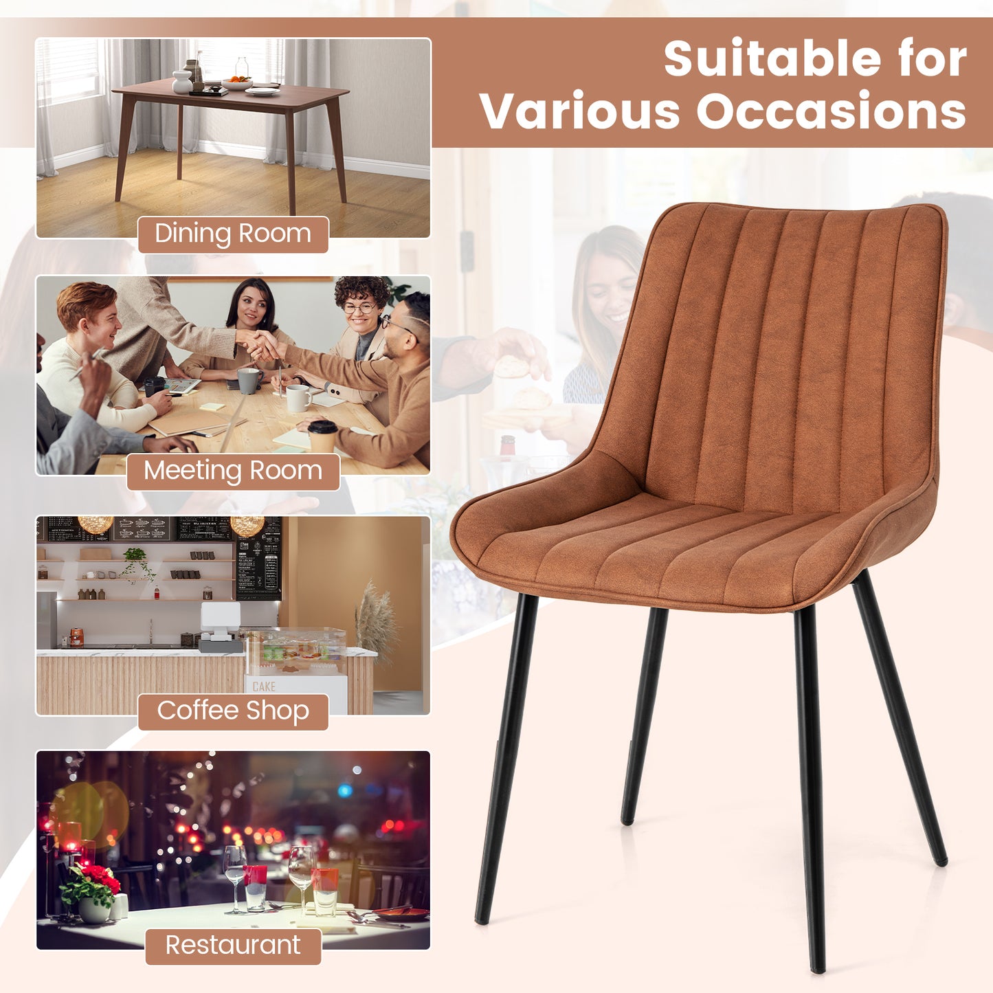 Modern Faux Leather Dining Chairs with Padded Seat and Metal Legs - Brown, Set of 2
