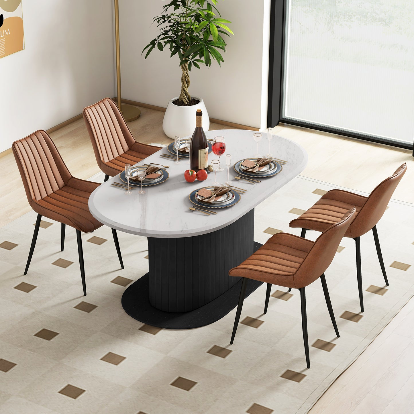 Modern Faux Leather Dining Chairs with Padded Seat and Metal Legs - Brown, Set of 2