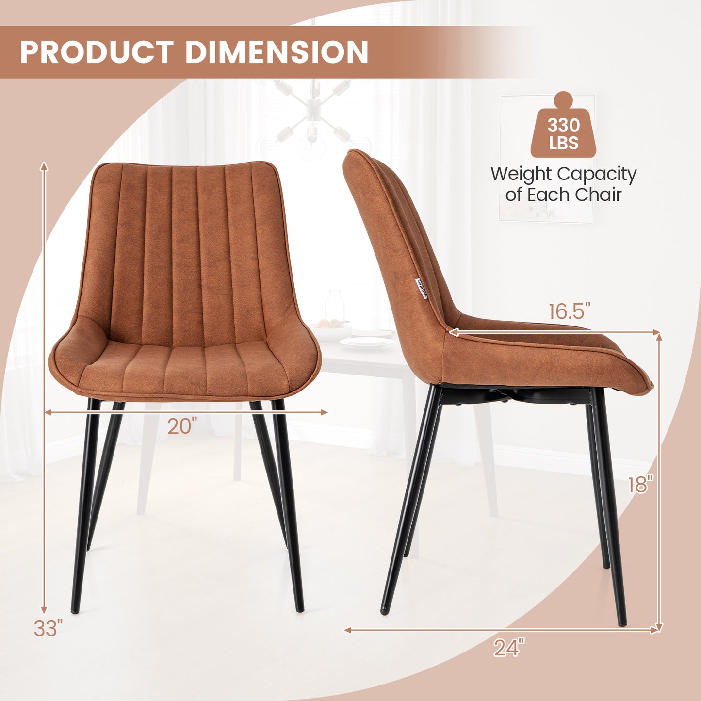 Modern Faux Leather Dining Chairs with Padded Seat and Metal Legs - Brown, Set of 2