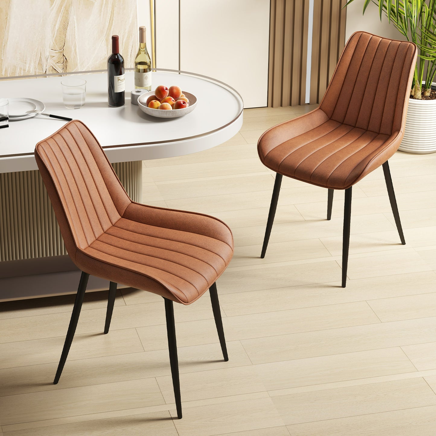 Modern Faux Leather Dining Chairs with Padded Seat and Metal Legs - Brown, Set of 2