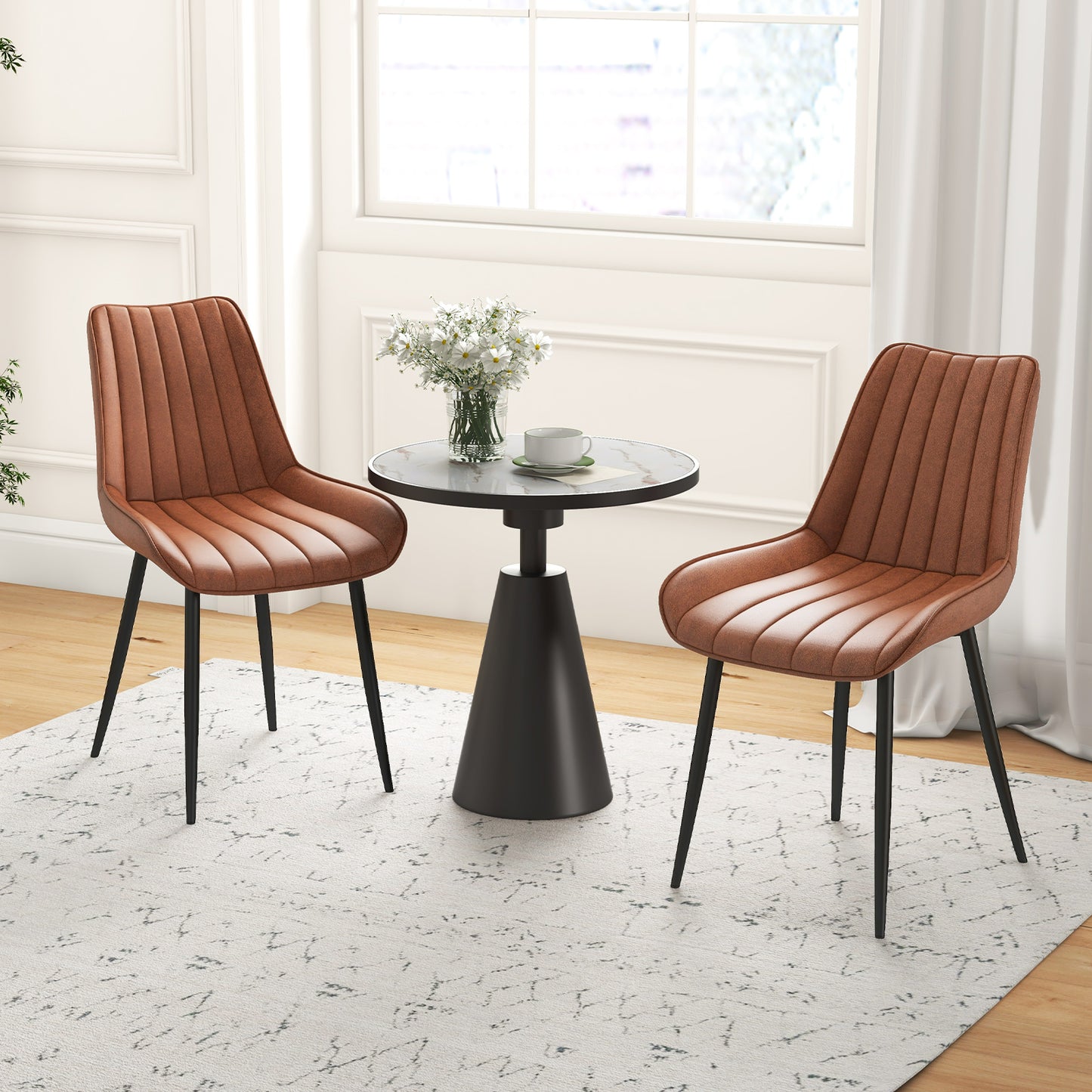 Modern Faux Leather Dining Chairs with Padded Seat and Metal Legs - Brown, Set of 2