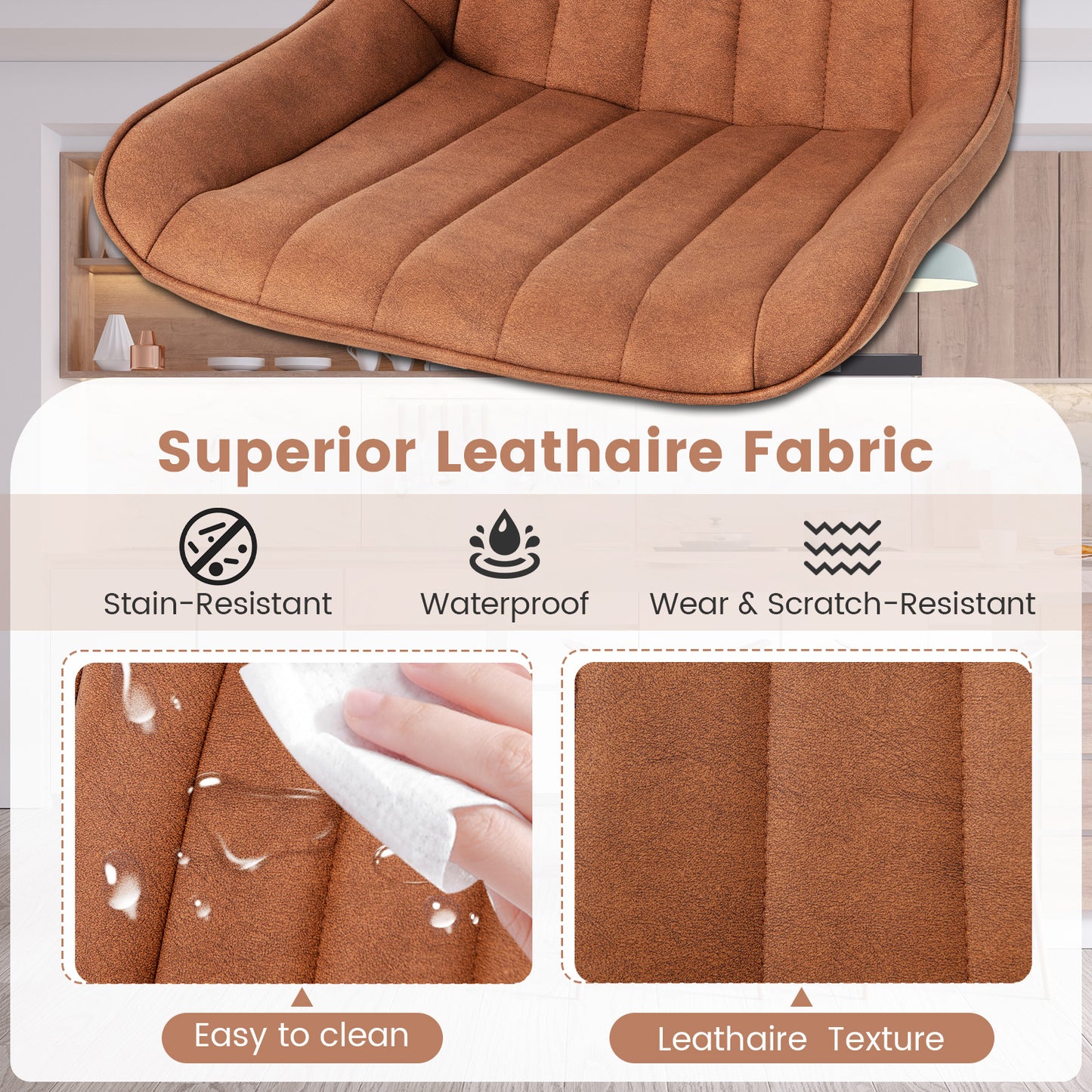 Modern Faux Leather Dining Chairs with Padded Seat and Metal Legs - Brown, Set of 2