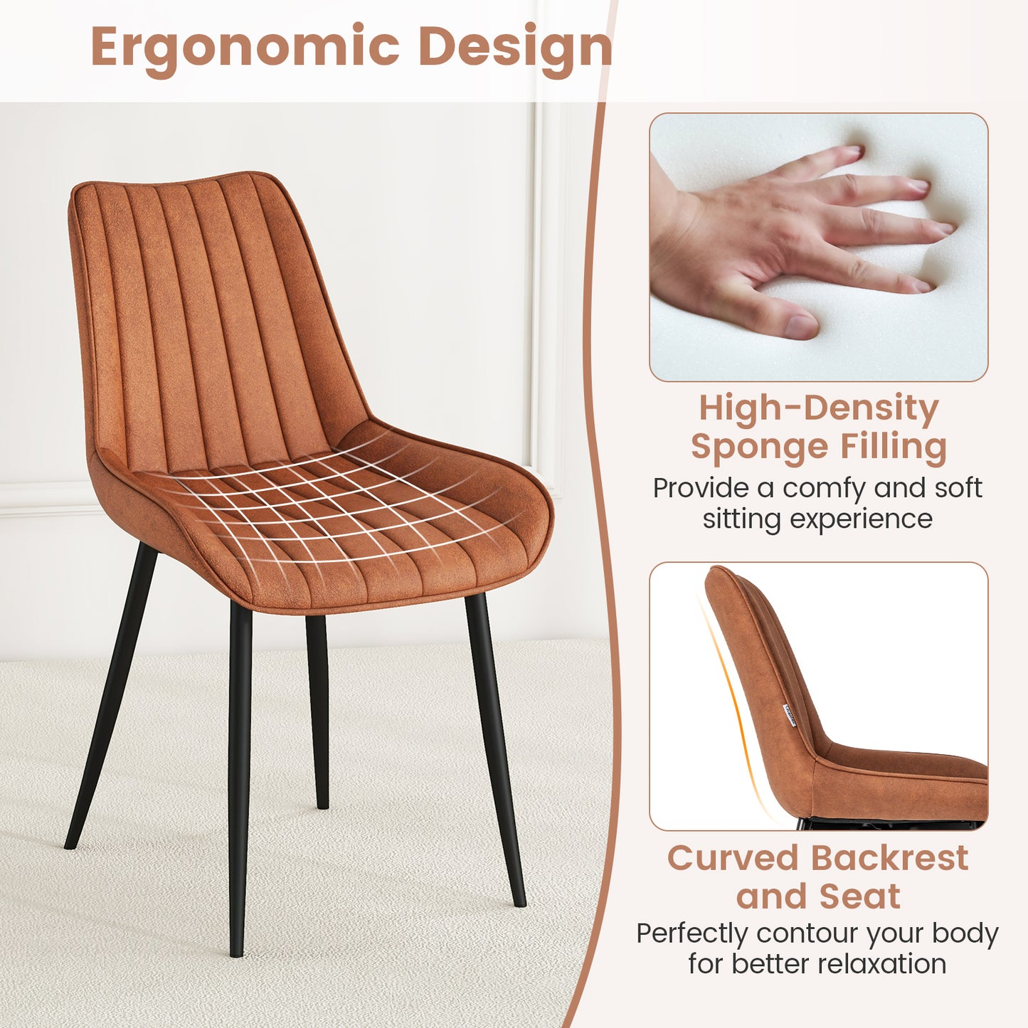 Modern Faux Leather Dining Chairs with Padded Seat and Metal Legs - Brown, Set of 2