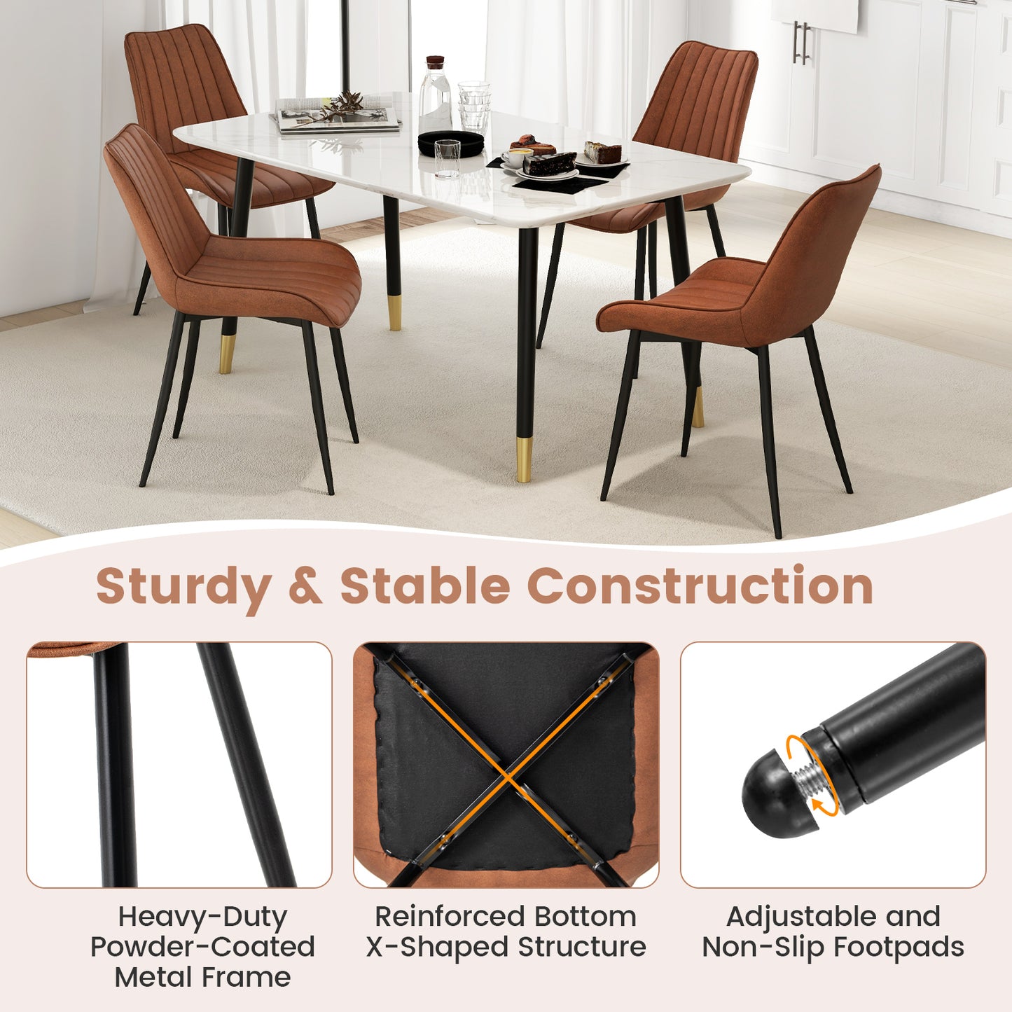 Modern Faux Leather Dining Chairs with Padded Seat and Metal Legs - Brown, Set of 2