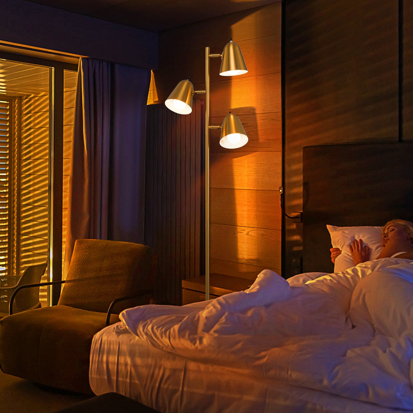 64 Inch 3 Light LED Floor Lamp with Adjustable Shades - Golden