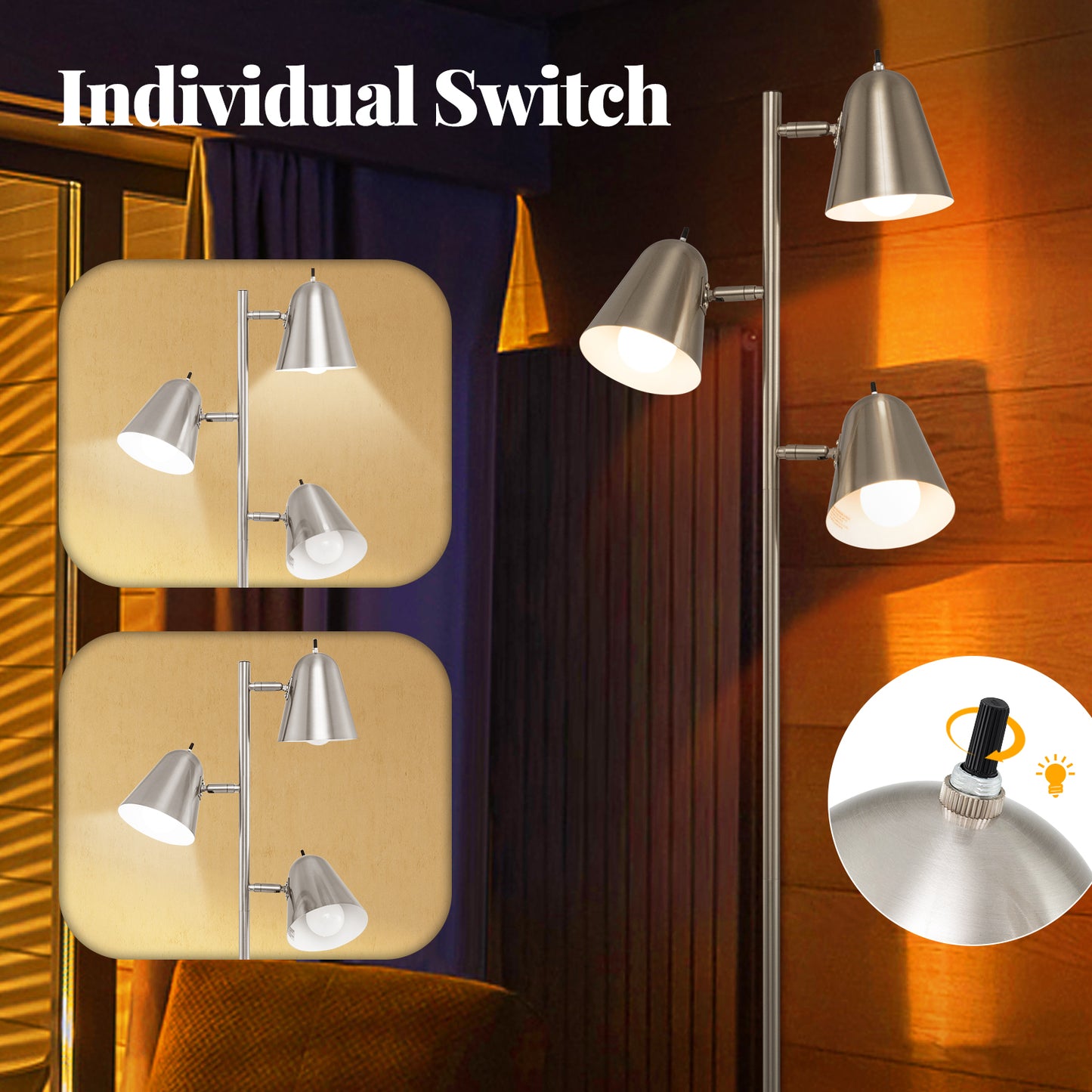 64 Inch 3 Light LED Floor Lamp with Adjustable Shades - Silver