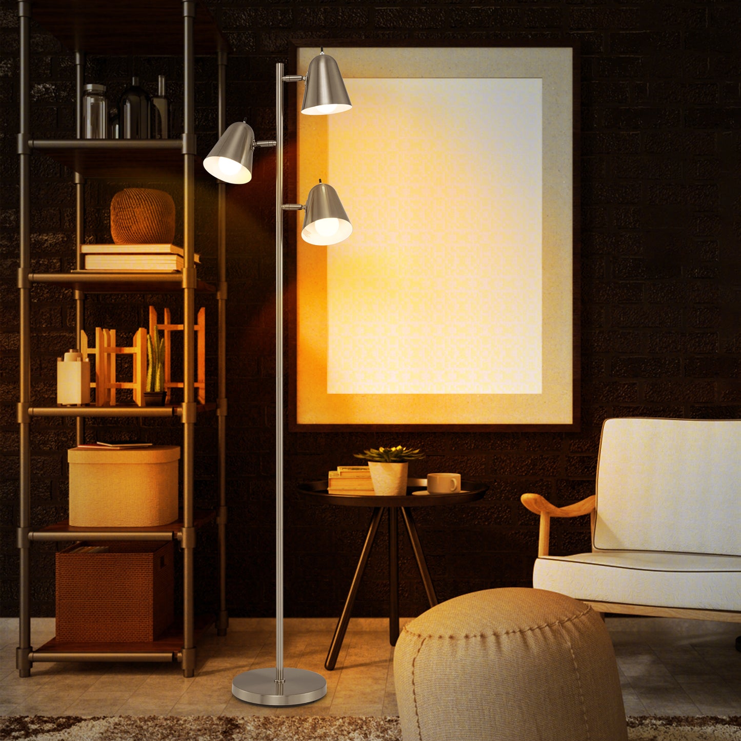 64 Inch 3 Light LED Floor Lamp with Adjustable Shades - Silver