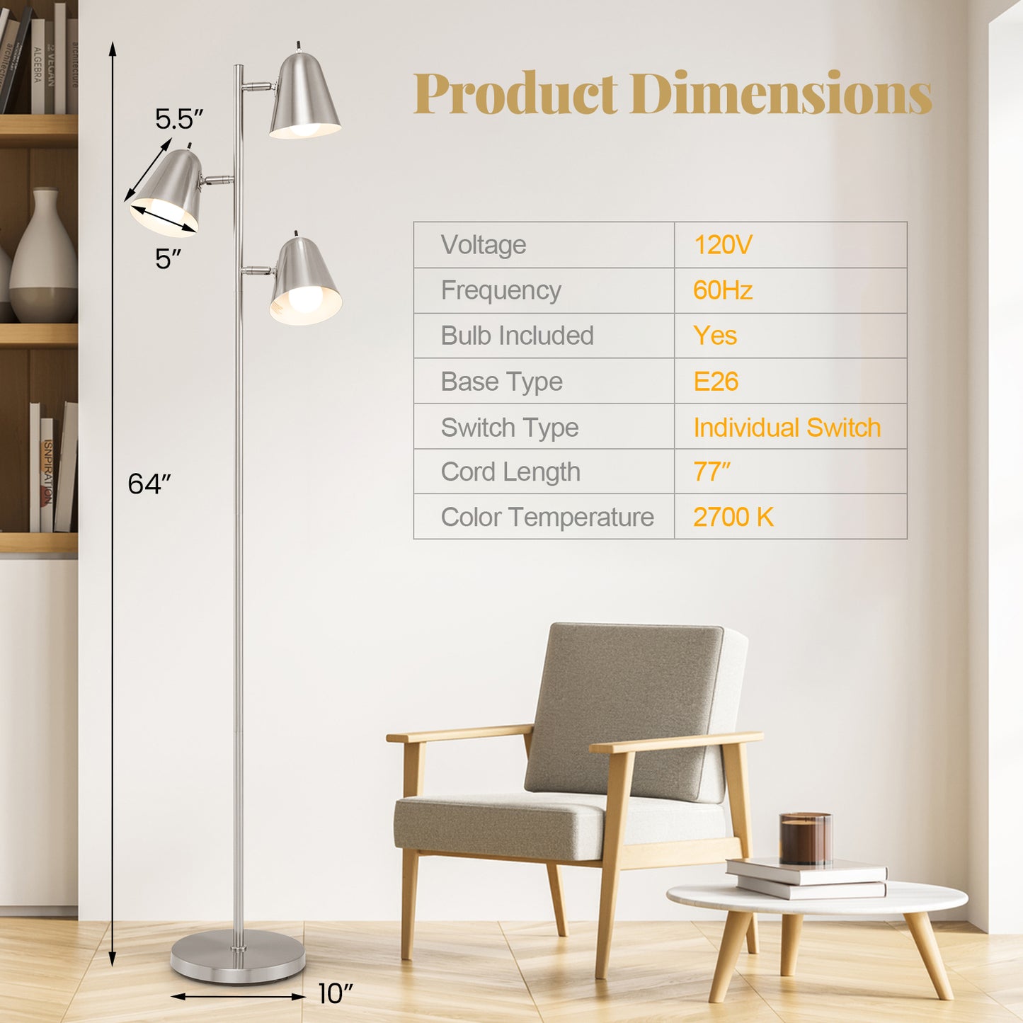 64 Inch 3 Light LED Floor Lamp with Adjustable Shades - Silver