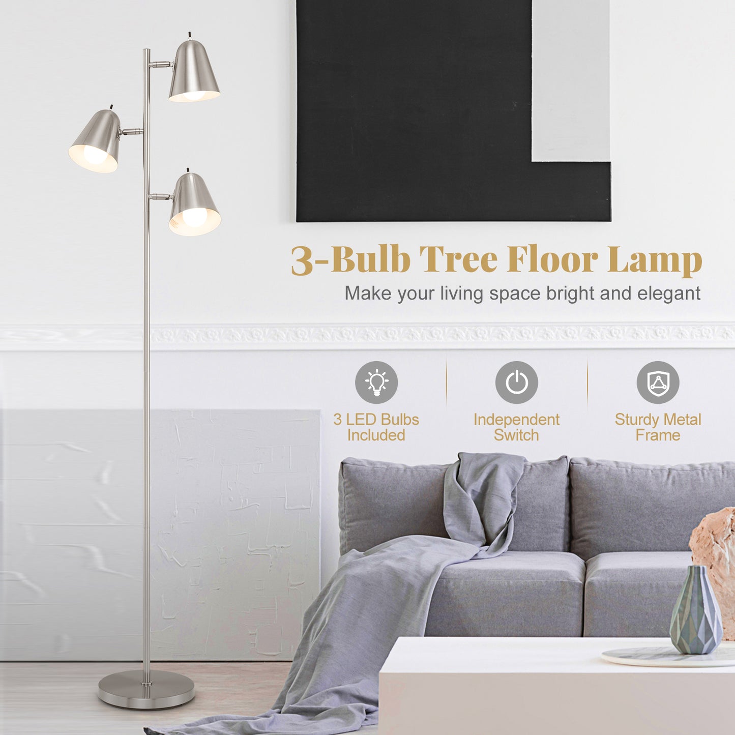 64 Inch 3 Light LED Floor Lamp with Adjustable Shades - Silver