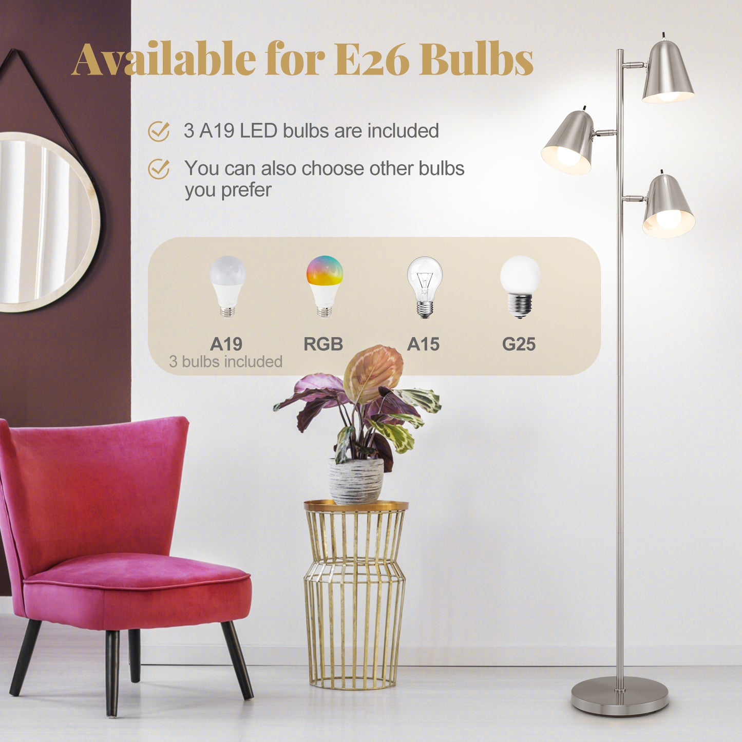 64 Inch 3 Light LED Floor Lamp with Adjustable Shades - Silver