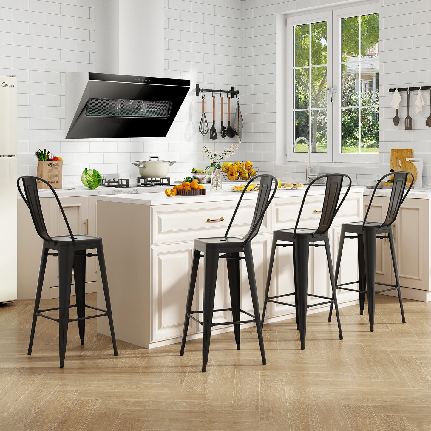 Set of 4 Stackable Metal Bar Stools with Removable Backrest Bar Height Chairs - Black